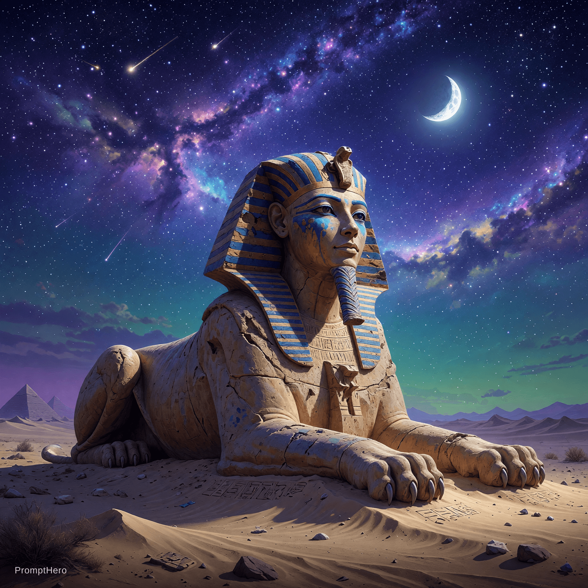 AI generated: A majestic sphinx under the starry sky, digital art, high quality, 4k