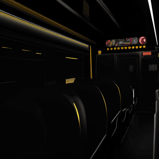 AI generated: bus driver seat  of the glossy black school bus from behind, large in frame, glowing lights, foggy, ...