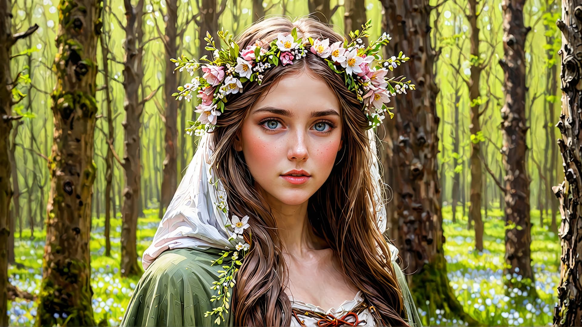 AI generated: Pagan young blushing maiden, in a woodlands cloak, springflowers in her hair, in a early spring wood...