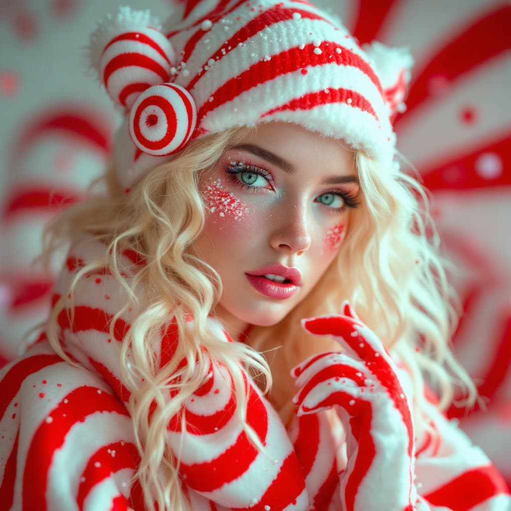 AI generated: Imagine a super cool picture of a supper blonde woman, creamy looks, pepper mint sprinkles, dressed ...