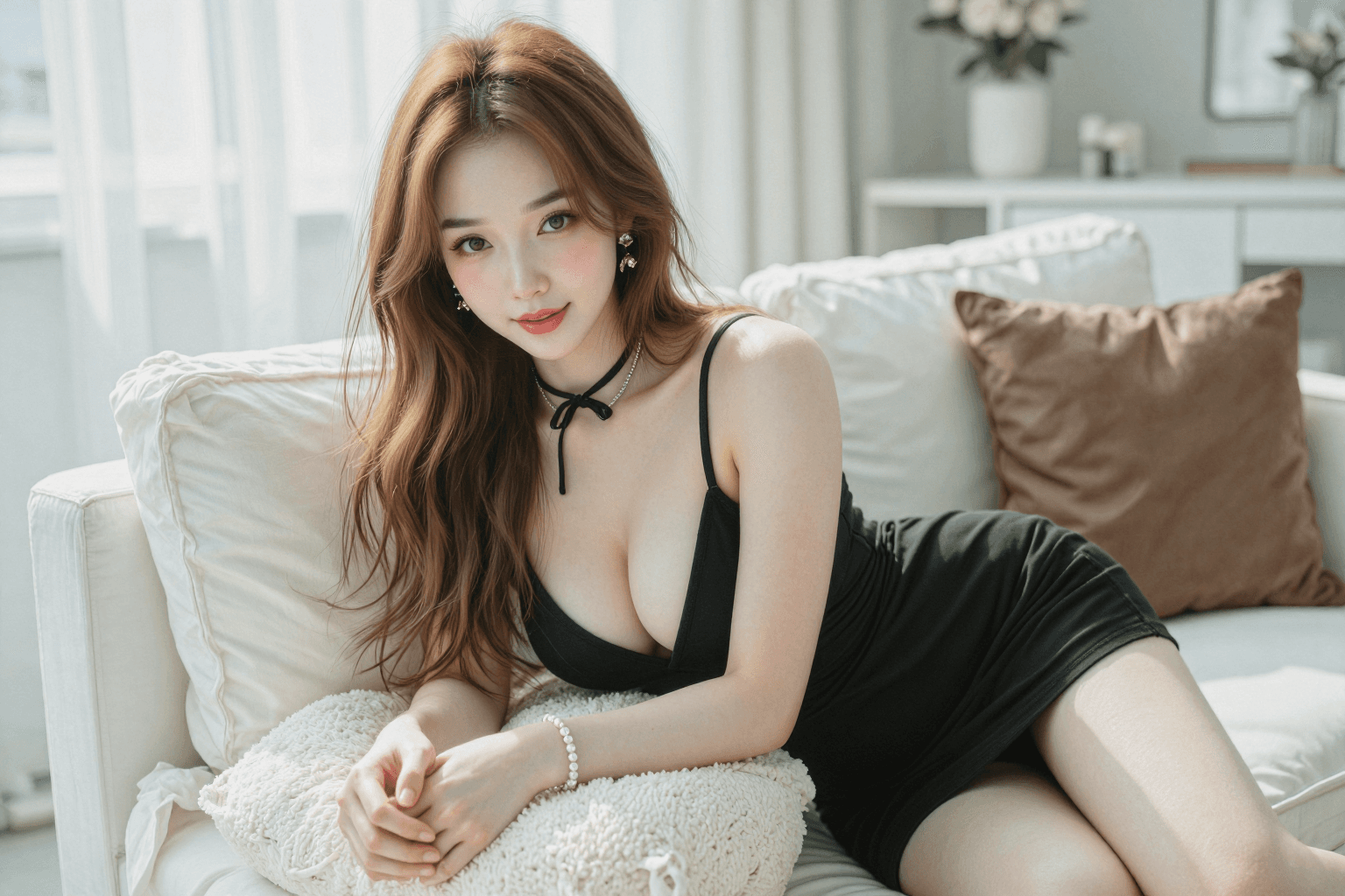 AI generated: A highly detailed, photorealistic, cinematic horizontal medium shot of a stunning young East Asian w...