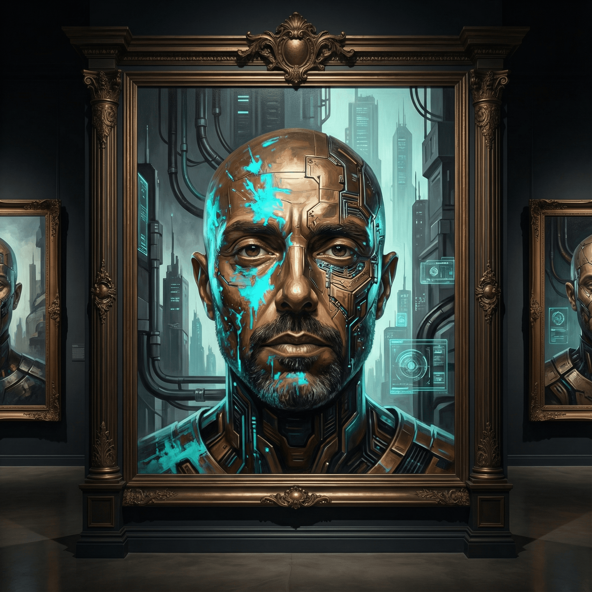 AI generated: make my face in the uploaded picture the best of the art gallery's, in the style of oliver wetter, a...