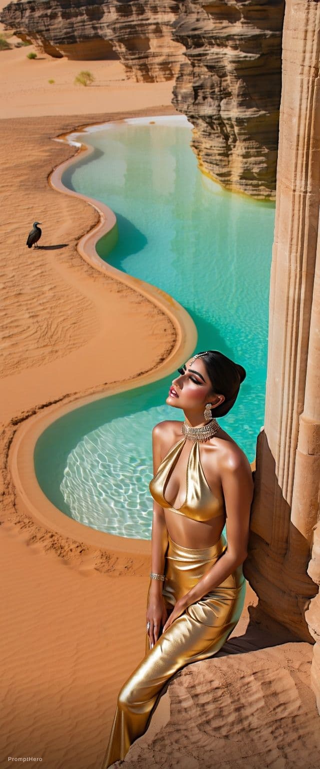 AI generated: surreal luxury travel shot of an Indian woman in a desert oasis, [same 100% identical face uploaded]...
