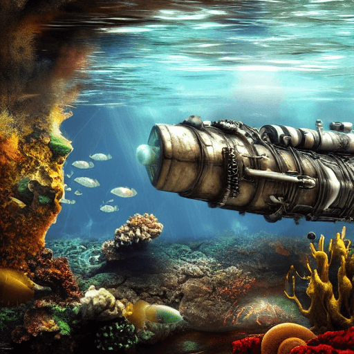 AI generated: High resolution a fractal underwater landscape with a steampunk submarine