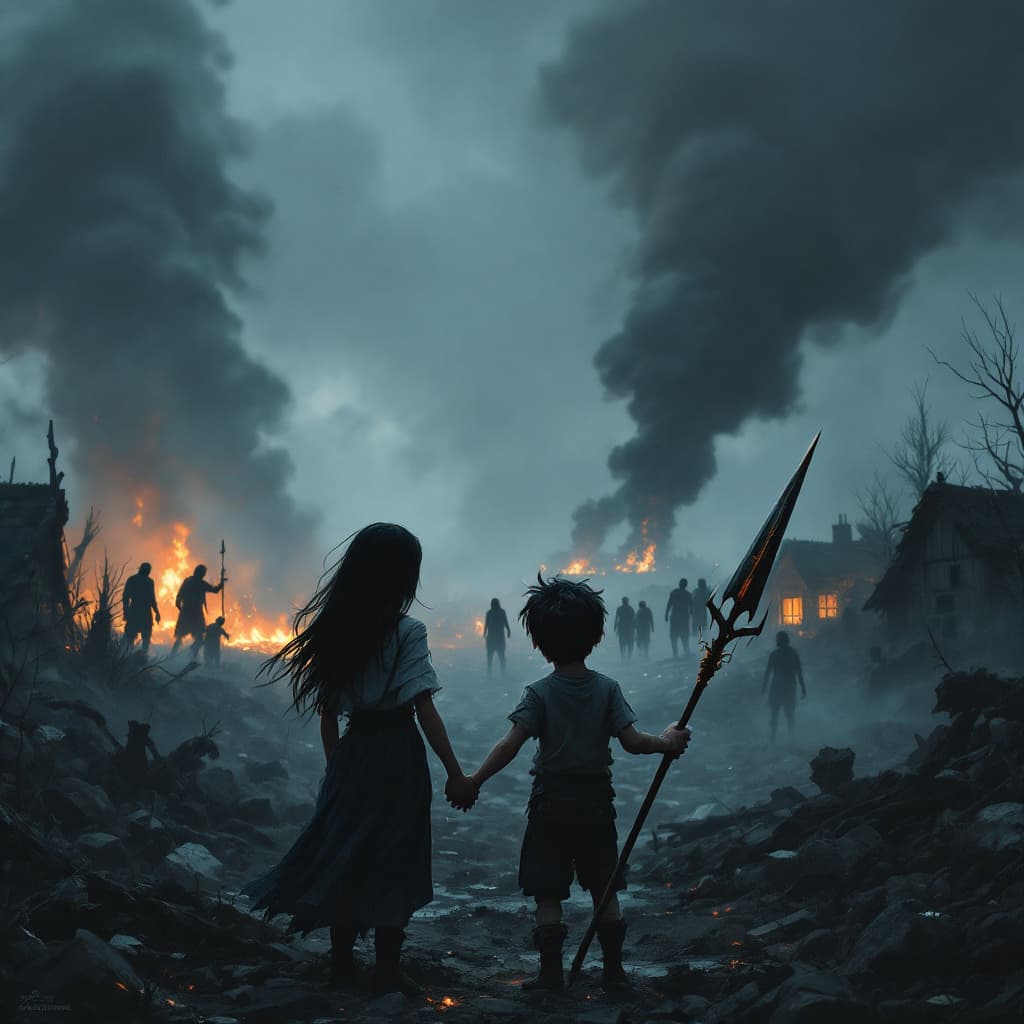 AI generated: A deeply emotional scene showing the young versions of the heroic hybrid boy and the girl, as their ...