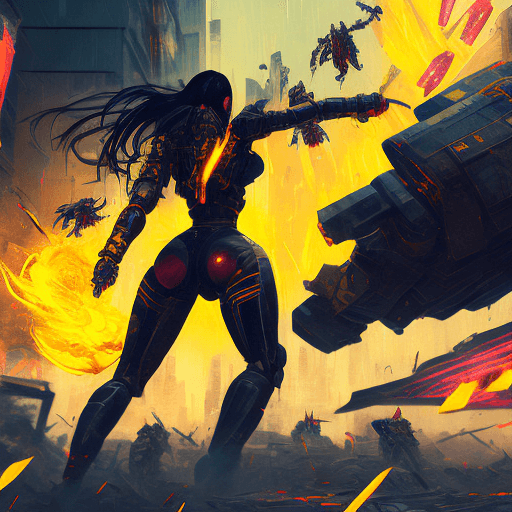 AI generated: painterly style, photorealistic, detailed flying debris, more colorful, a screaming in rage cyberpun...