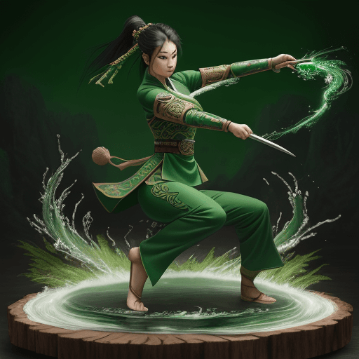 AI generated: A female warrior in green traditional Korean suit, emerald nature accessories, graceful stance, hold...