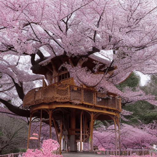 AI generated: THE CHERRY BLOSSOM TREE HOUSE :: beautiful ornate treehouse in a gigantic pink cherry blossom tree :...