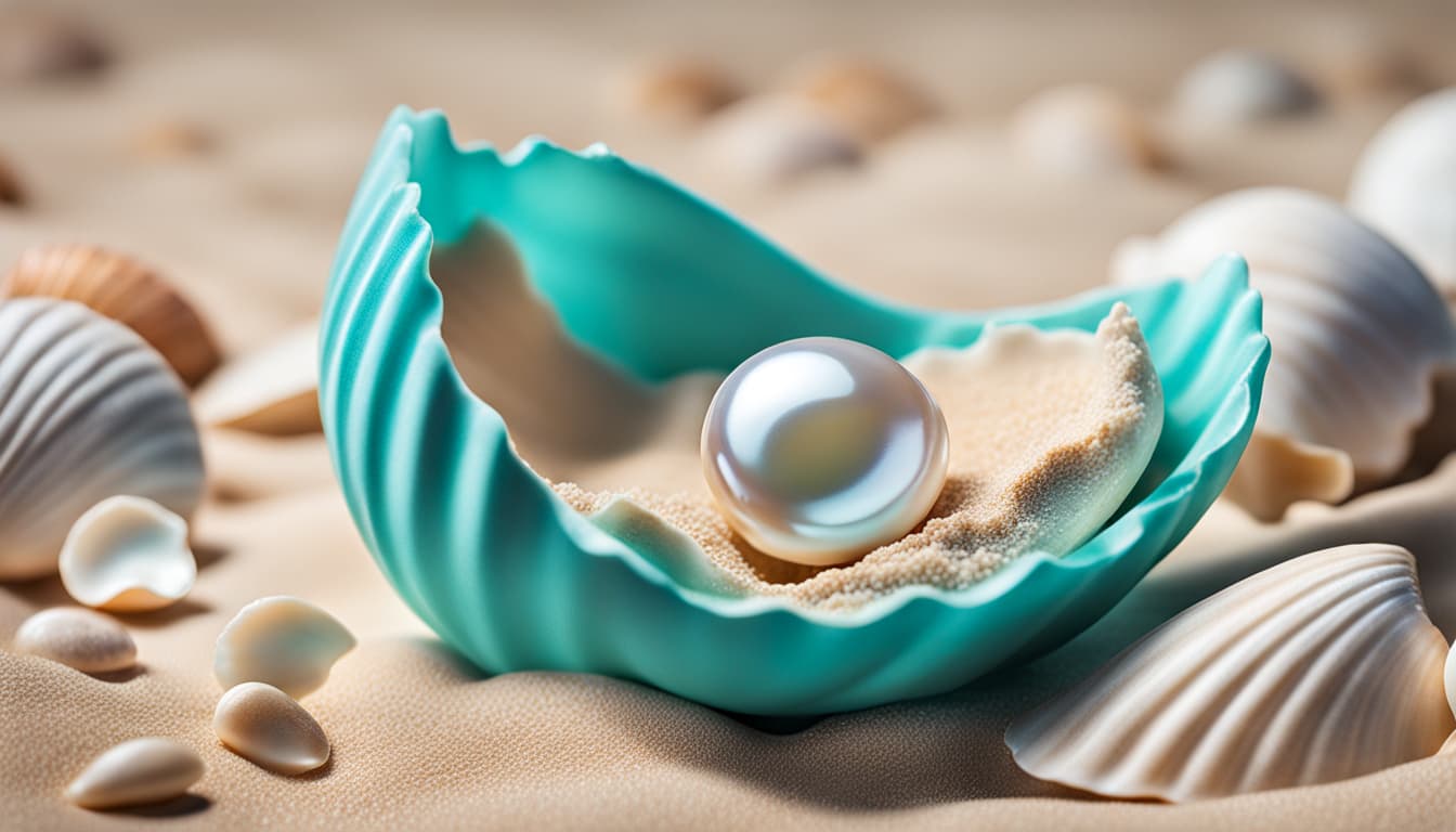 AI generated: 200 mm macro lens photo of tiffany brand ad concept, insane realistic sand and pebbles, open shell, ...