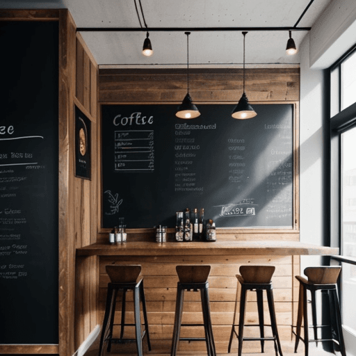 AI generated: coffee shop bar table, wooden walls, white floor, warm lighting, minimalist interior design, blackbo...