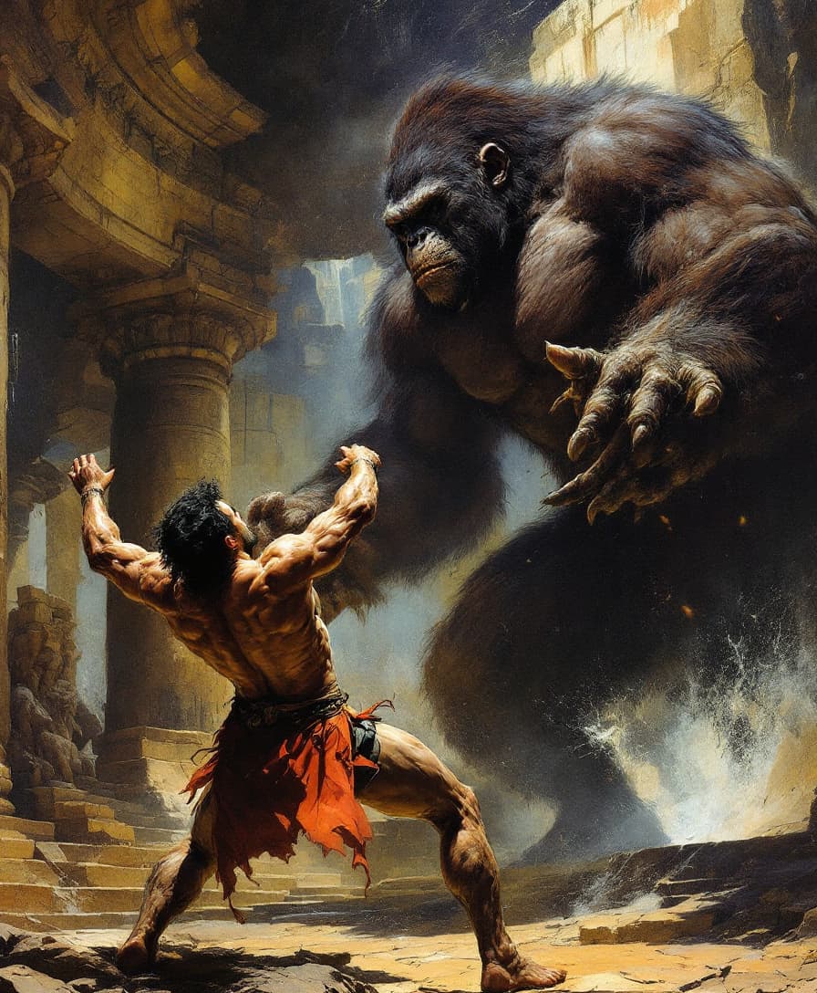 AI generated: An epic Frank Frazetta painting depicting the torso and head of a muscular man battling a giant ape ...