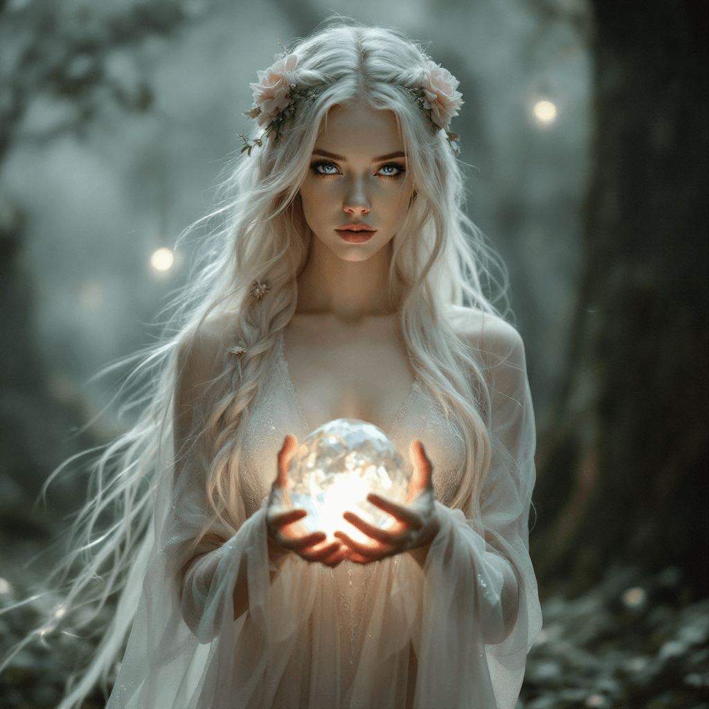 AI generated: An ethereal woman with long, flowing, platinum blonde hair, almost translucent, and styled with deli...
