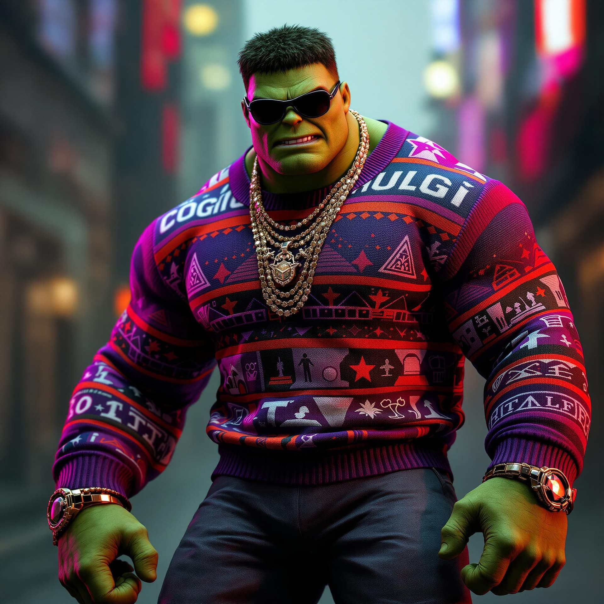 AI generated: the incredible hulk wearing a coogi sweater in hip hop fashion with shades, jewelry and timberland b...