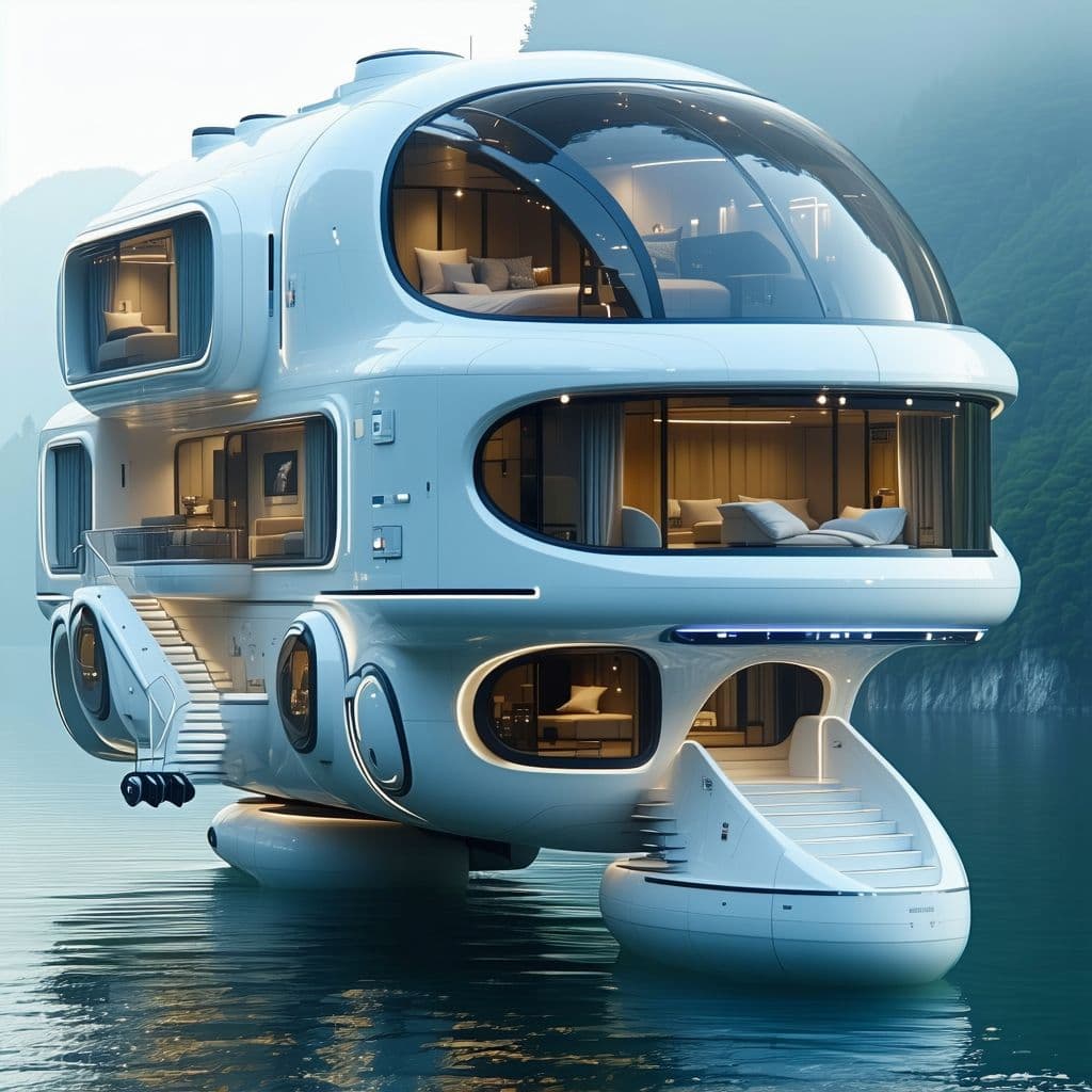 AI generated: a closeup of a futuristic floating multi story rv 