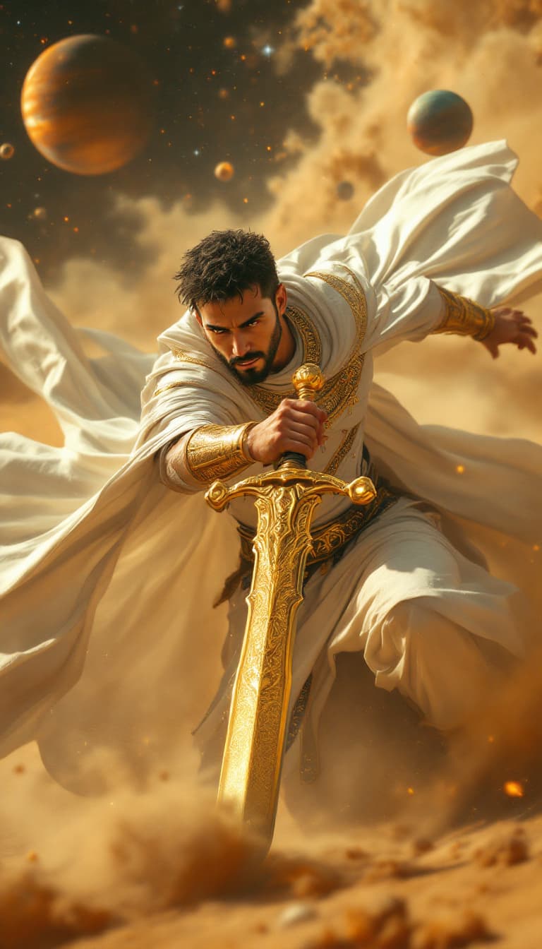 AI generated: A legendary warrior in luxurious white and gold armor, captured in a dramatic falling moment in a fa...