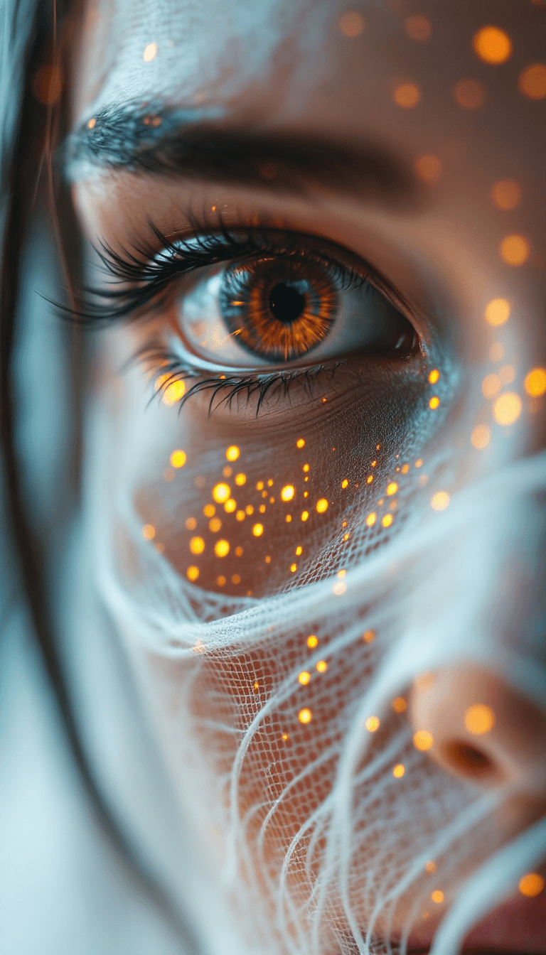 AI generated: close up macro shot, perforated holes in face, white cloth made from fiberoptic cables, depth of fie...