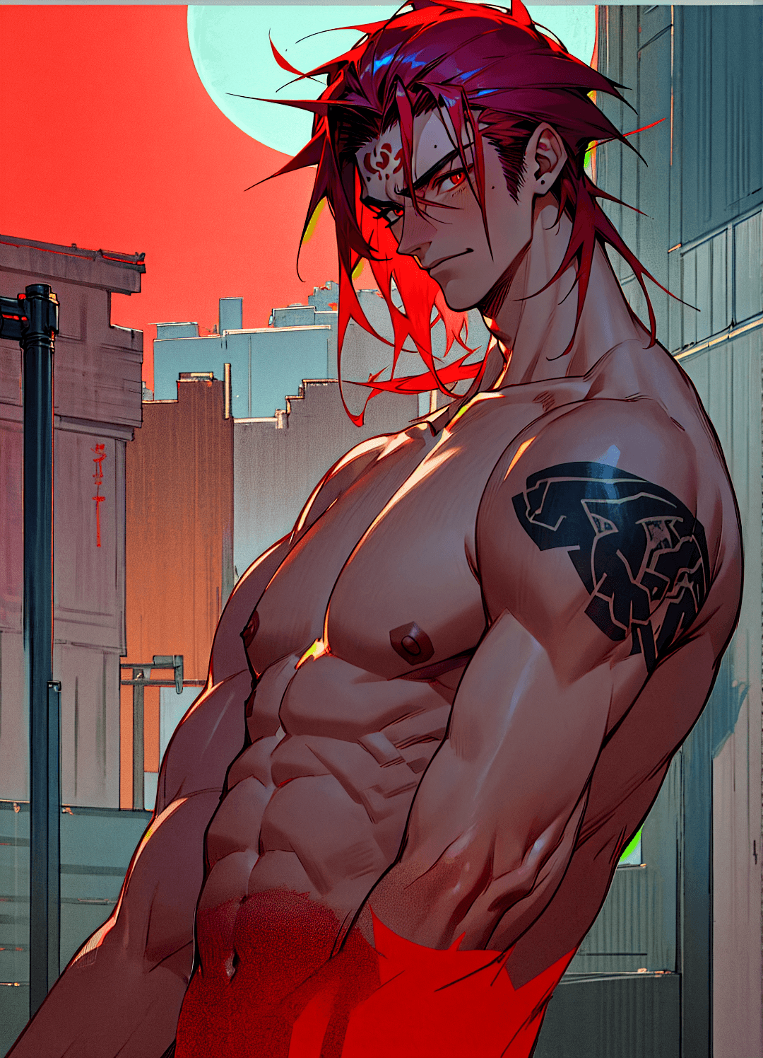 AI generated: Great detail,4K Image, shirtless Yakuza man in the streets of Shibuya, Kimono sword, tattoos on uppe...