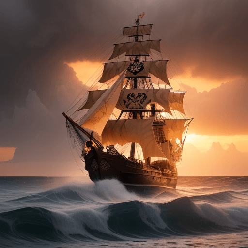 AI generated: pirate ship, adorned with intricate designs and shining shackles, battling a storm. The hull, marked...