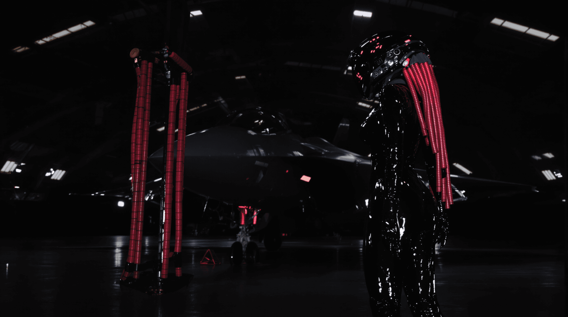 AI generated: A futuristic theam: She's standing in a dark hangar looking on a futuristic jet fighter in the backg...