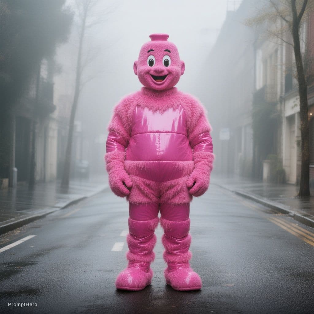 AI generated: fashion photography, man model in full-body, front central view, wearing an oversized fluffy and vin...
