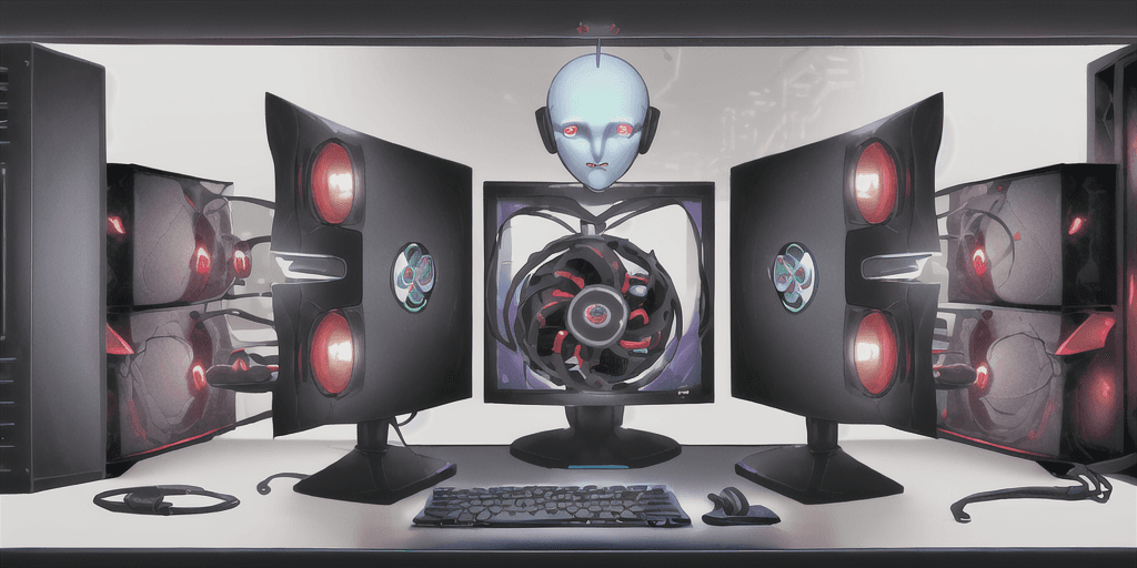 AI generated: In the background there are personal computers, keyboards, different pc components. In the image the...