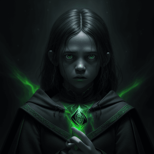 AI generated: A 12-year-old wizard who is head of Slytherin house and radiates a black aura on her left and a gree...