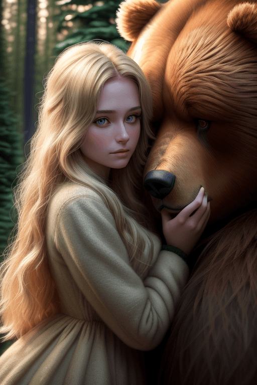 AI generated: a beautiful russian girl petting a big bear in a spruce forest,realistic photo,((looking at the view...
