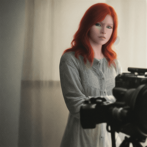 AI generated: realistic redhead cat as a cinematographer on film stage, daylight, indirect lighting, analog style