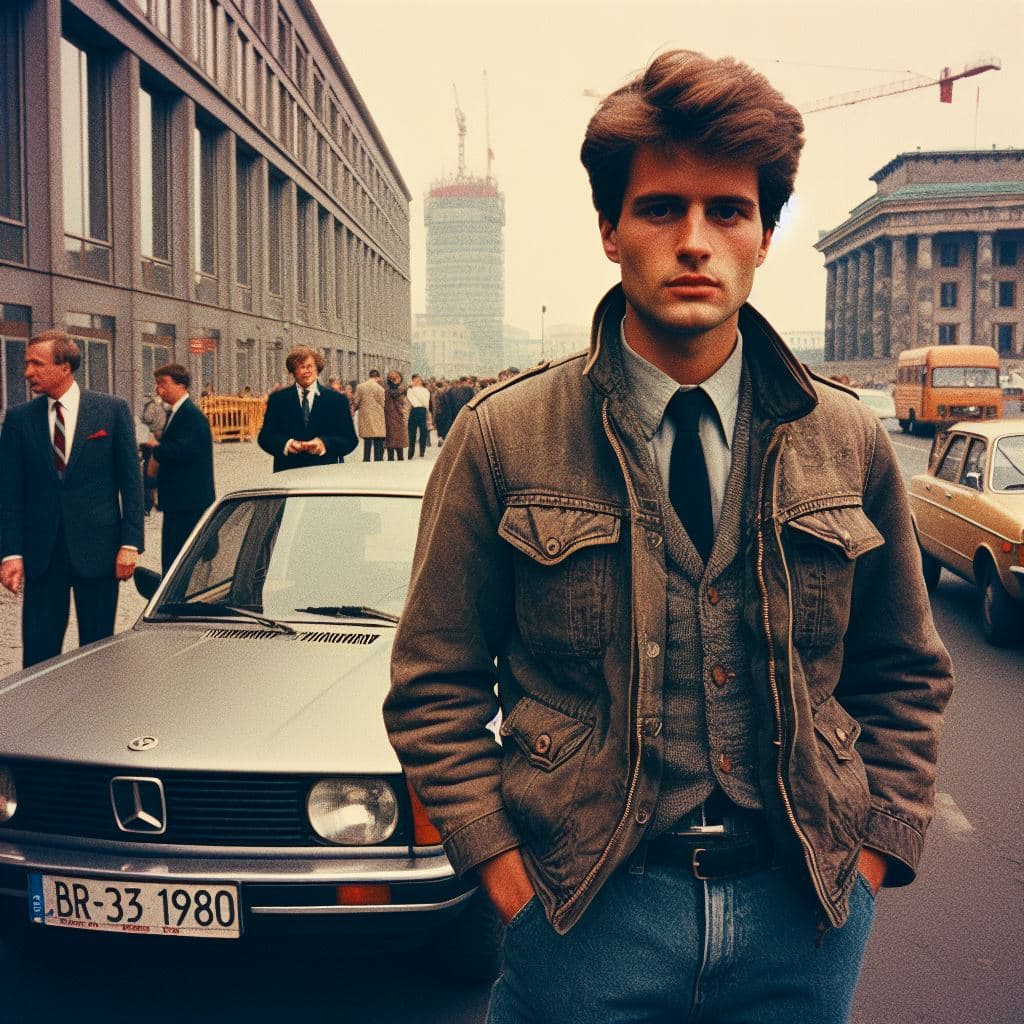 AI generated: high quality closeup 35mm shot of a man standing in front of a car next to a building, Berlin, Germa...