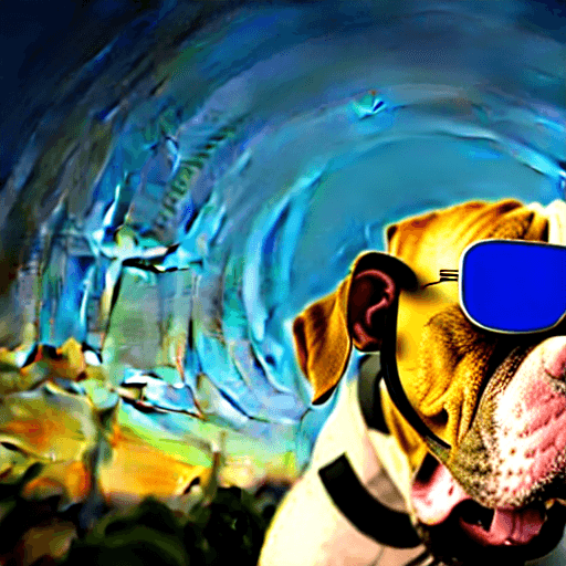 AI generated: cute dog, Pitbull, a cap at head, wearing sun glasses, sunset at background, high detail, lively pho...