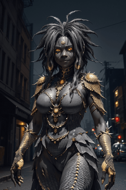 AI generated: a humanoid female monster with human traits. smiling, golden glowing eyes, (((unkempt dirty hair))),...