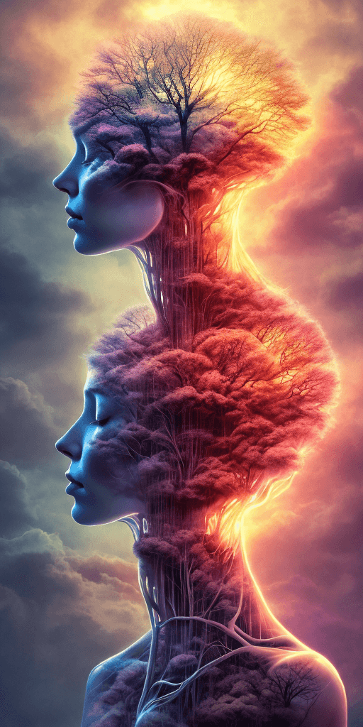 AI generated: Nature exploding out a humans head, trees, flowers, mountain, sunset, nature mind, expressive creati...