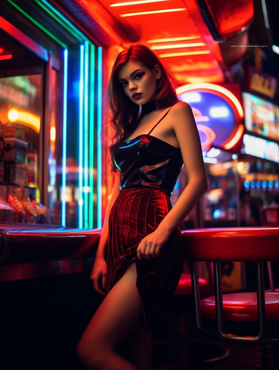 AI generated: a woman standing in front of a neon sign, hailee steinfeld, victoria siemer, evil look, alluring dre...