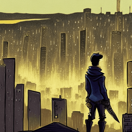 AI generated: A rogue standing on a roof overlooking a city at night.