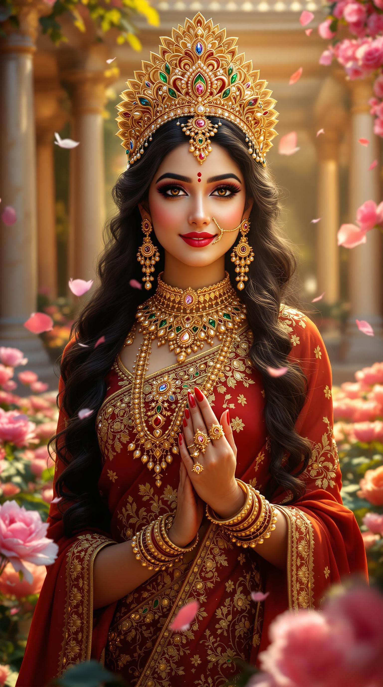 AI generated: 
"Ultra-realistic, hyper-detailed 8K portrait of Goddess Radha in her divine and royal form, adorned...