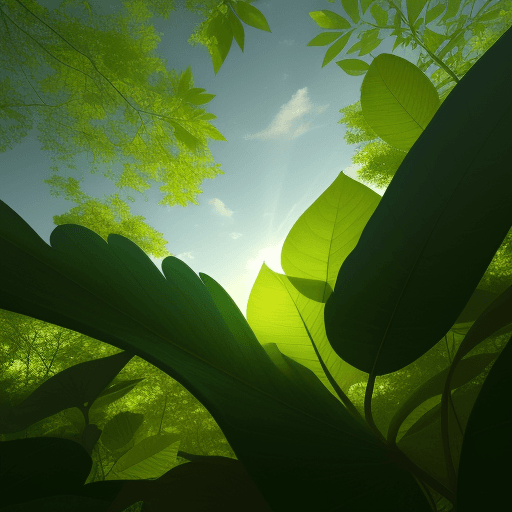 AI generated: full of green leaves, sunlights spread, behind leaves sky, High resolution photographic scene, soft ...
