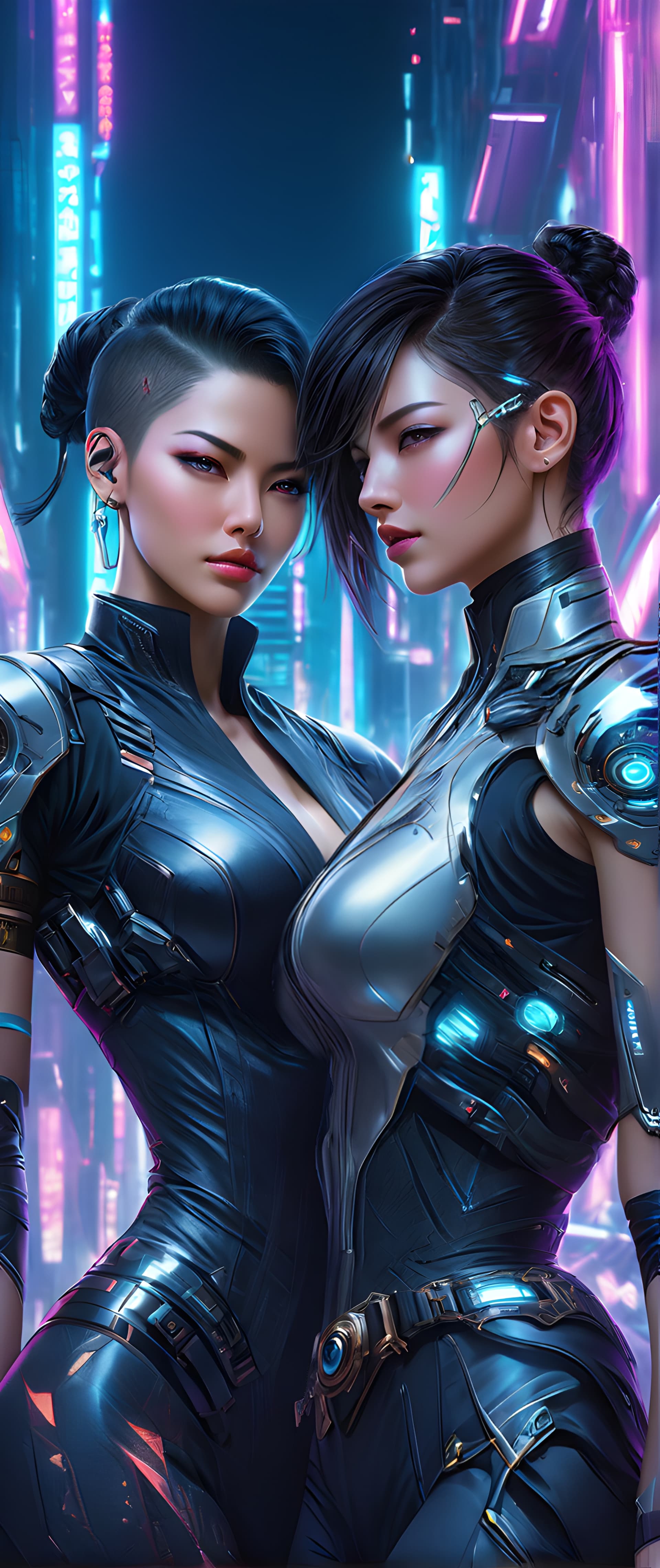 AI generated: Action movie scene of two impeccably dressed woman, wearing sleek outfits, showcasing intricate deta...