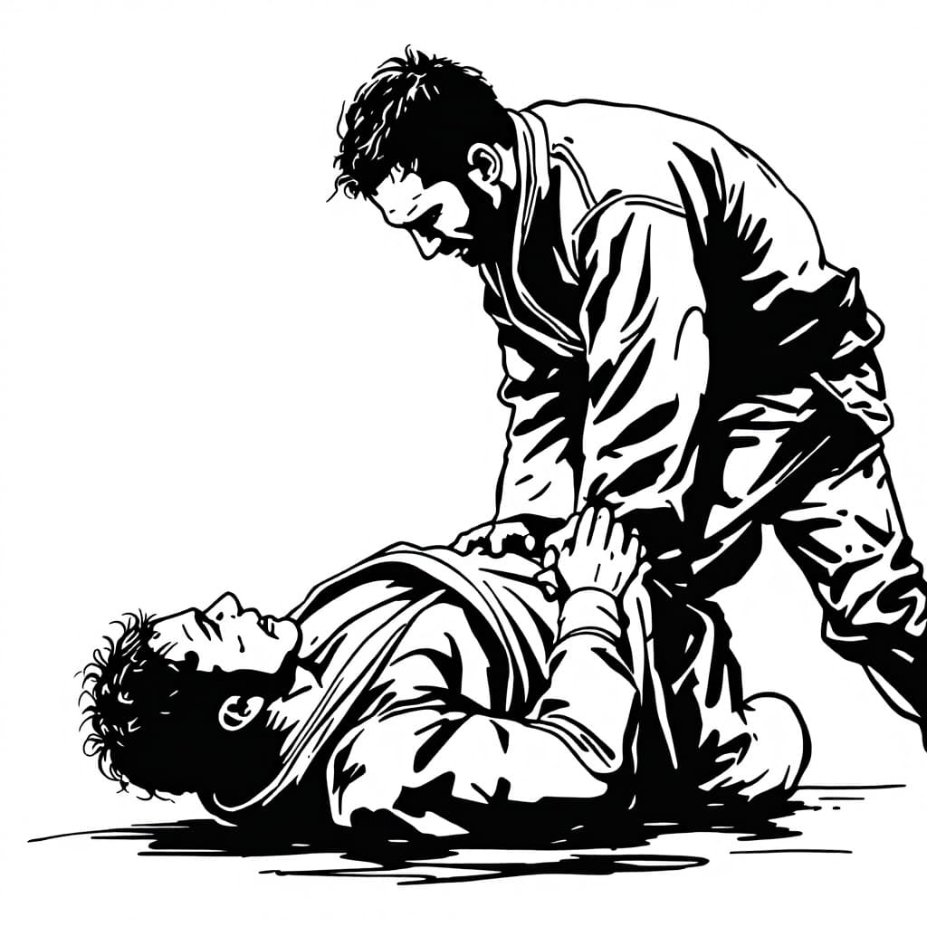 AI generated: A drawing of Brazilian Jiu Jitsu wrestler in one-line drawing, figure outline only, single line, sim...