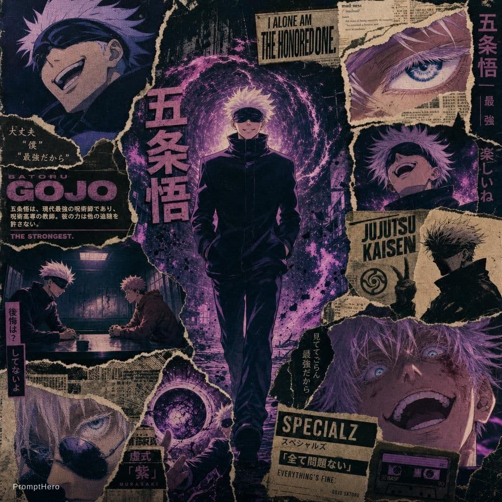 AI generated: A retro vintage collage design of gojo. The central image shows him walking in his outfit with a smi...