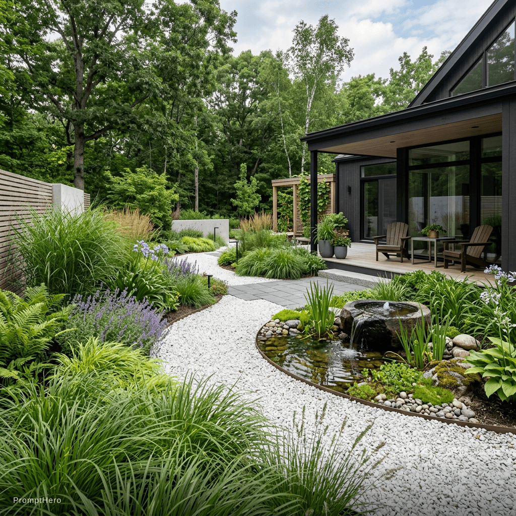 AI generated: modern minimalist garden with ornamental grasses, white gravel pathways, and a small water feature