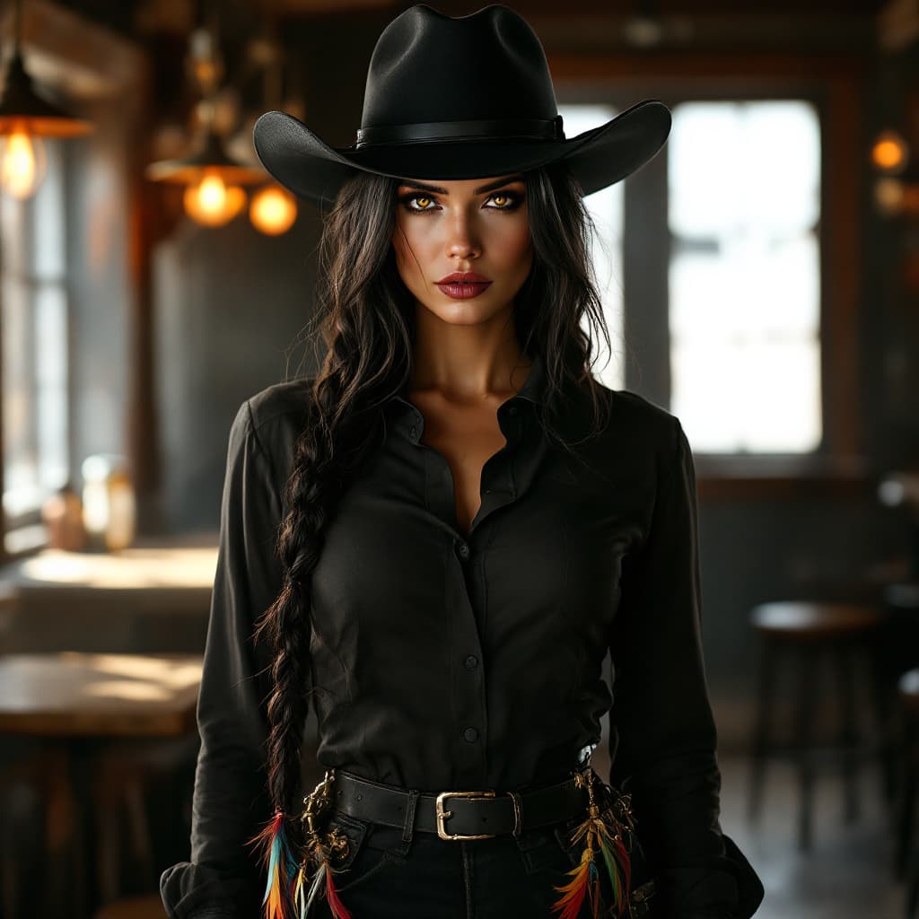 AI generated: A **full-body, high-definition portrait** of a **stunning, fierce gunslinger woman** standing confid...