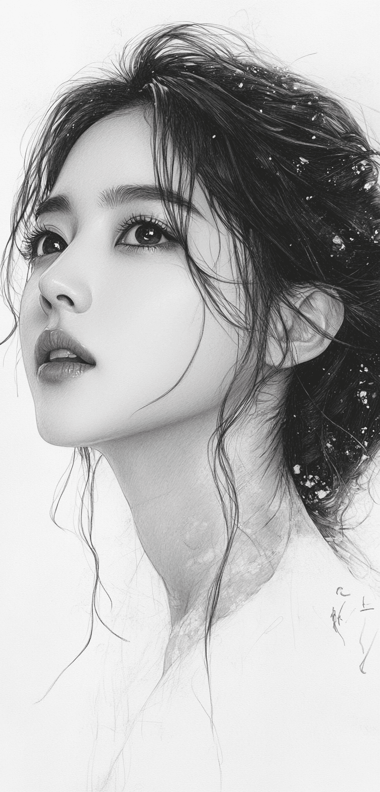 AI generated: Realistic Black and white sketch of a beautiful Korean woman, white background --ar 61:128 --stylize...