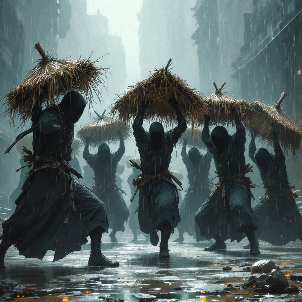 AI generated: Ten ninja fighting under the rain with the huts on the back of their heads 