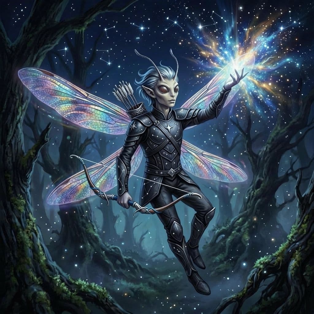 AI generated: a small male fairy, with iridescent dragonfly wings and bug like facial features, silver and blue ha...