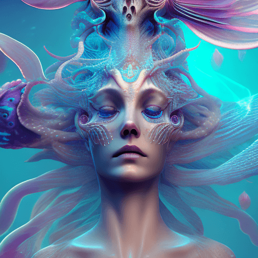 AI generated: Goddess close-up portrait ribcagel. jellyfish phoenix head, nautilus, orchid, skull, betta fish, bio...