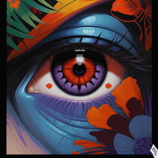 AI generated: a painting of an eye with purple and orange flowers, in the style of james jean, mysterious jungle, ...