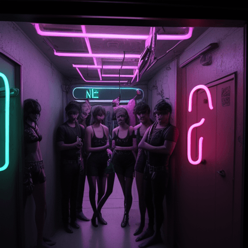 AI generated: Depict a bunch of people of both genders wearing handcuffs and coming out of a dingy room that has a...