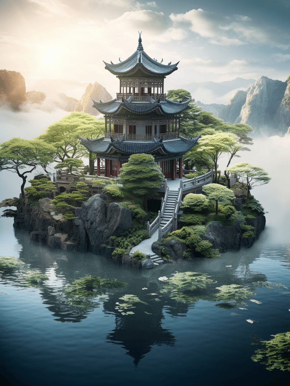 AI generated: dream like world, chinese garden architecture,suzhou style,white clouds lingering,seven fairies,surr...