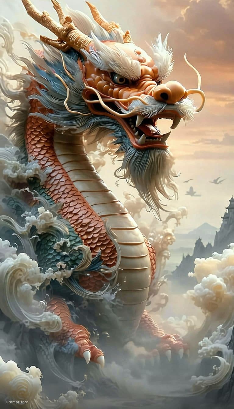 AI generated: Kyoto Animation stylized anime mixed with tradition Chinese artworks~ A dragon flying at modern cybe...