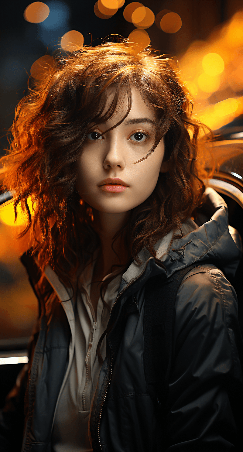 AI generated: a woman leaning in her car on the street, in the style of luminous portraits, charming anime charact...